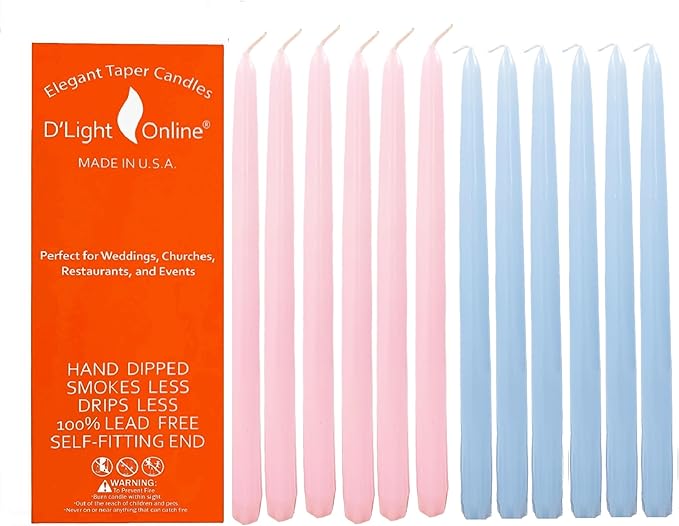 D'light Online Elegant 10" Cotton Candy Taper Candles Premium Quality- Unscented, Hand-Dipped Tapered Candles, Dripless and Smokeless - Set of 12 (10 Inch, Cotton Candy)