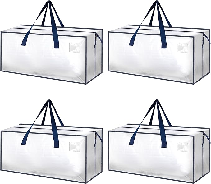 HealSmart 4 Pack Extra Large Moving Bags with Zippers & Carrying Handles, Heavy-Duty Storage Tote Moving Boxes for Dorm Room Essentials Storage Bags, Clear