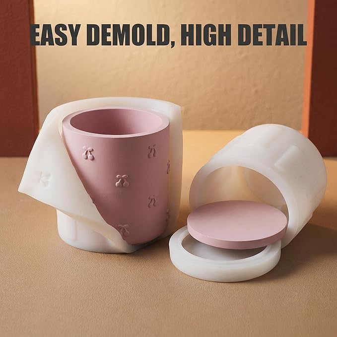 3D Cherry Emboss Lidded Cylinder Silicone Mold, Candle Holder Storage Jar Mold for DIY Candle, Plaster Ornament, Minimalist Home Decor & Craft Making