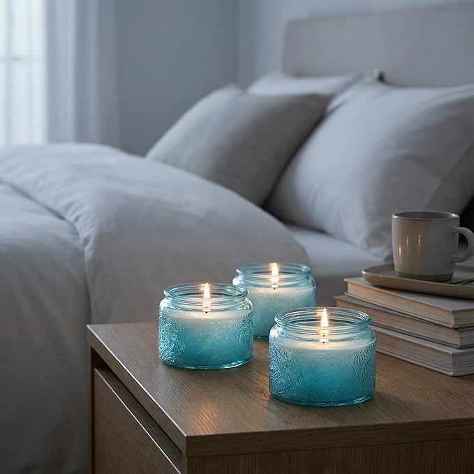 18-Pack 4oz Embossed Glass Candle Container with Bamboo Lids and Labels, Blue Candle Jars for Making Candles, Mandala Design