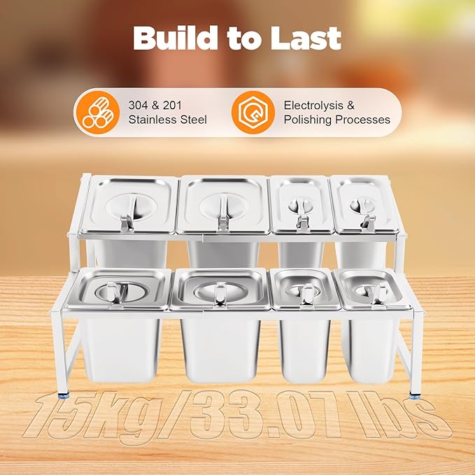 Condiment Container Dispenser with 8 Pans & Lids, Stainless Steel Countertop Spice Inclined Holder, Pizza Topping Station Organizer, Spice Rack Shelf for Kitchen Pantry Use
