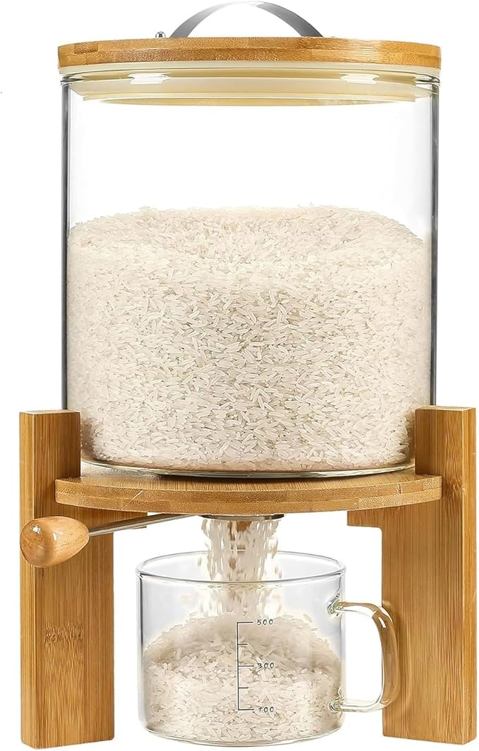 Rice Dispenser 5L, Grain Dispenser Glass Bucket, Cereal Dispenser Countertop for Kitchen and Pantry Organization, Large Rice Storge Container for Dry Food