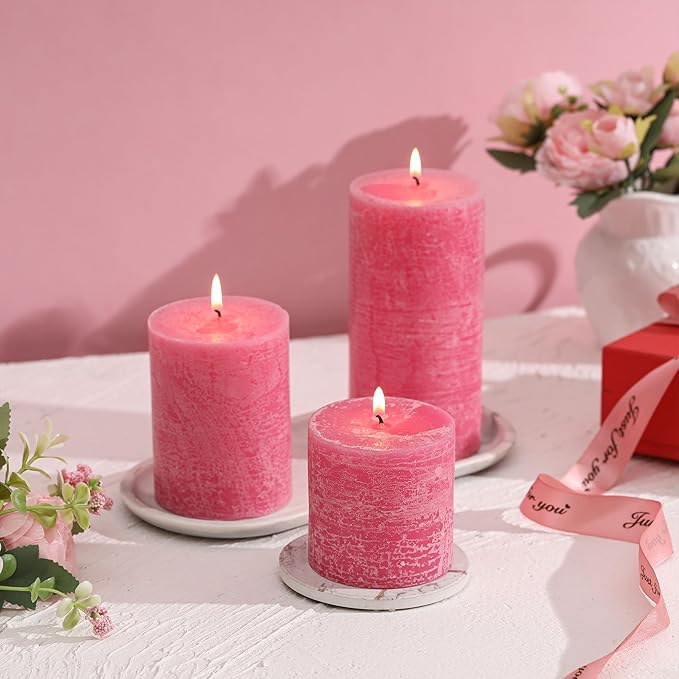 3x4 Inch Pink Pillar Candles Set of 3 - Hand-Poured Unscented Candles, Long Clean Burning, Smokeless Dripless Candle for Dinner Table, Home, Bathroom, Wedding, Valentines Day Decor