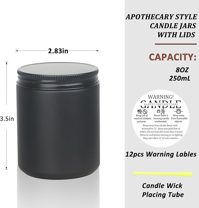 MILIVIXAY 12 Pack 8 OZ Thick Glass Matte Black Candle Jars with All Black Metal Lids-Bulk Empty Candle Jars for Making Candles-Canning Jar for Spice, Liquid, Sample- Dishwasher Safe.