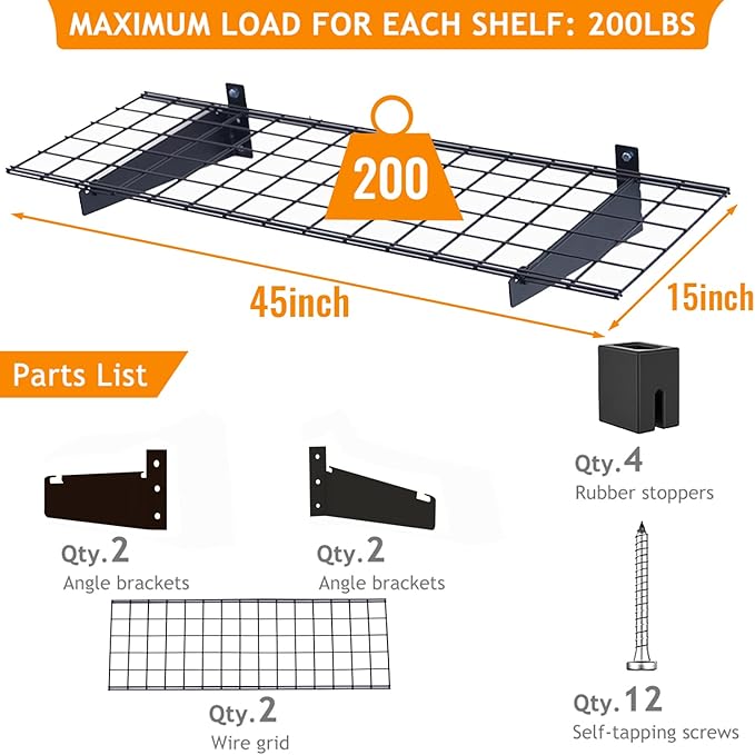 Wallmaster 2-Pack 15x45 Heavy Duty Garage Wall Shelving 45-inch-by-15-inch Wall Mount Garage Storage Rack Floating Shelves Max Load 400lb Black