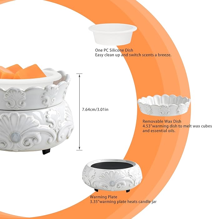 ASAWASA Ceramic Candle Wax Warmer with 1 pc Silicone Dish, 3-in-1 Wax Melter Burner for Kitchen Home Spa Yoga Gift (White)