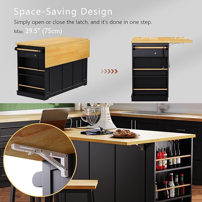 Kitchen Storage Island on Wheels with 2 Bar Stools, Rolling Drop Leaf Kitchen Island Cart with Power Outlet, Open Side Racks, Door Shelves and Towel Bar, 53-Inch, Black