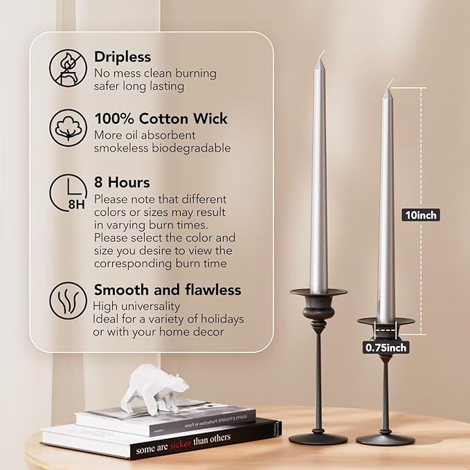 10-Inch Tall Dripless Taper Candles Set of 4 - Silver Tapered Candles, Perfect for Wedding,Christmas - Smokeless, Unscented, Long Burning - Hand Poured, Colored Tall Candlesticks - Plata