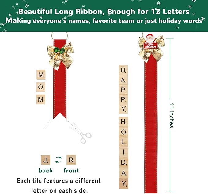 Christmas Ornaments Tree Decorations Personalized Crafts for Adults Kit DIY Ribbon Letter Tiles Bells Rustic Stockings Name Tags Hanging Xmas Decor for Gifts Wreath Holiday(Red & Green)