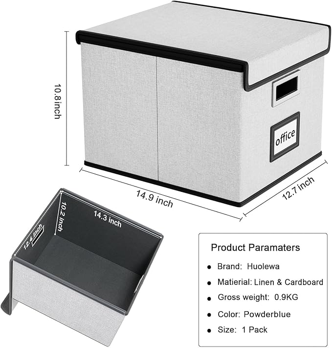 Huolewa File Organizer Box with Lid, Collapsible File Folder Organizer for Office Document Storage, Filing Box with Plastic Slide for Letter Size Hanging File Folders(1 Pack, Light Grey)