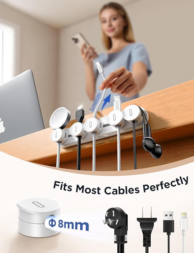 5-in-1 Magnetic Cord Organizer JOYROOM Cable Clips[Adjustable Sliding Track] Under Desk Adhesive Cord Management Wire Keeper for Computer Phone, Office Workspaces Table Organization Home Accessories