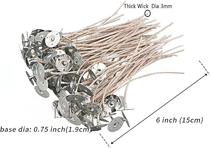 100pcs ECO 2 Wicks for Soy Candles, 6 inch Pre-Waxed Candle Wick for Candle Making,Thick Candle Wick with Base