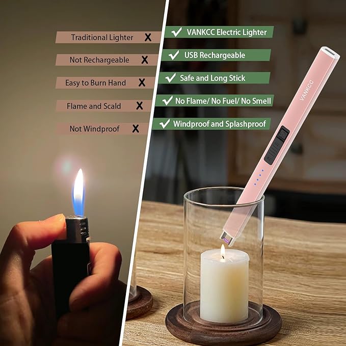 Electric Candle Lighter Plasma Arc Lighters Long USB Rechargeable Lighters Windproof Flameless with Double Safety Lock for Candle BBQ Camping (Rose Gold)