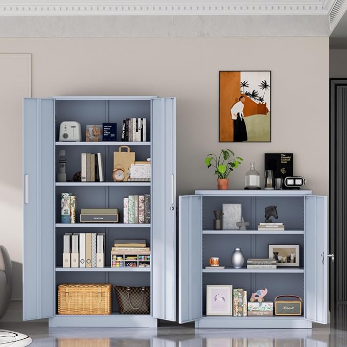 Superday Metal Storage Cabinets, 71" Storage Cabinet with Locking Door, Tall Garage Cabinet with 2 Doors and 4 Adjustable Shelves for Home Office, Classroom, Easy Assemble(Grey)