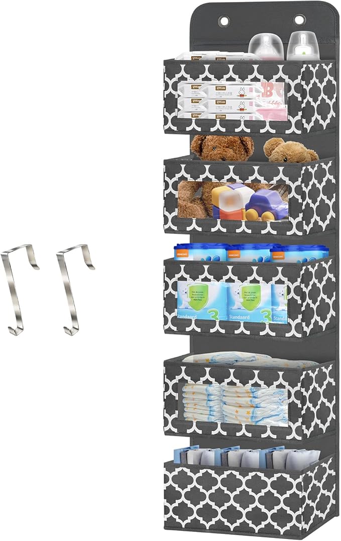 Over The Door Hanging Organizer with 5 Large Pockets - Wall Mount Pantry Storage with Clear PVC Window & 2 Big Metal Hooks for Closet,Bathroom,Nursery,Bedroom,Dorm,Baby Diapers,Kids Toys (Dark Gray)
