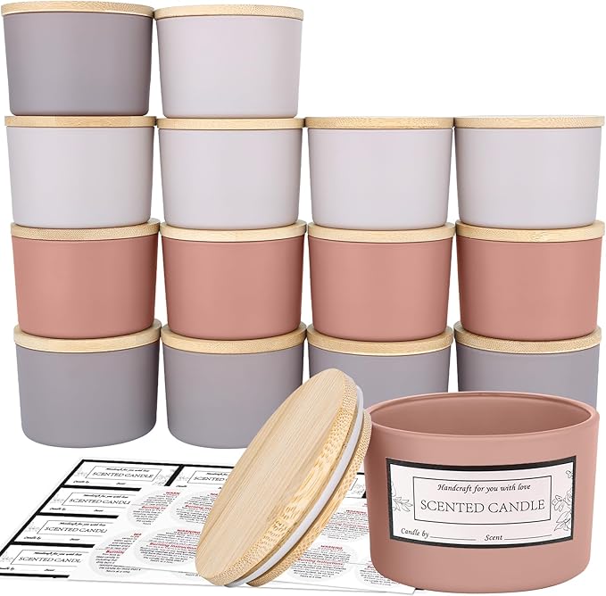 CONNOO 15 Pack 4oz Spring Glass Candle Jars with Airtight Bamboo Lids for Making Candles, Bulk Small Wide Mouth Empty Candle Containers with Sticky Warning Labels - Dishwasher Safe