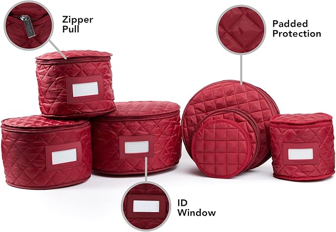 Covermates Keepsakes Dish Storage Set – Padded China & Dinnerware Storage Cases with Dividers, Cup & Stemware Storage, Quilted Polyester Protection, ID Window, Red