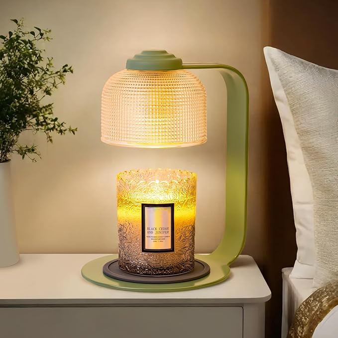 Candle Warmer Lamp with Clear Glass Globe and Timer & Dimmable Light - Jar Candle Melter Green Minimalist Metal Frame, Home Decor Gift Set (Includes 2 Bulbs)