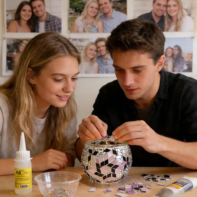 wpdash Turkish Mosaic Candle Holder DIY Set Romantic Art Decor Light Atmosphere Lamp for Dining Date Bedroom Nightstand Ornament Couple Handmade Craft Dining Table Tealight Decoration