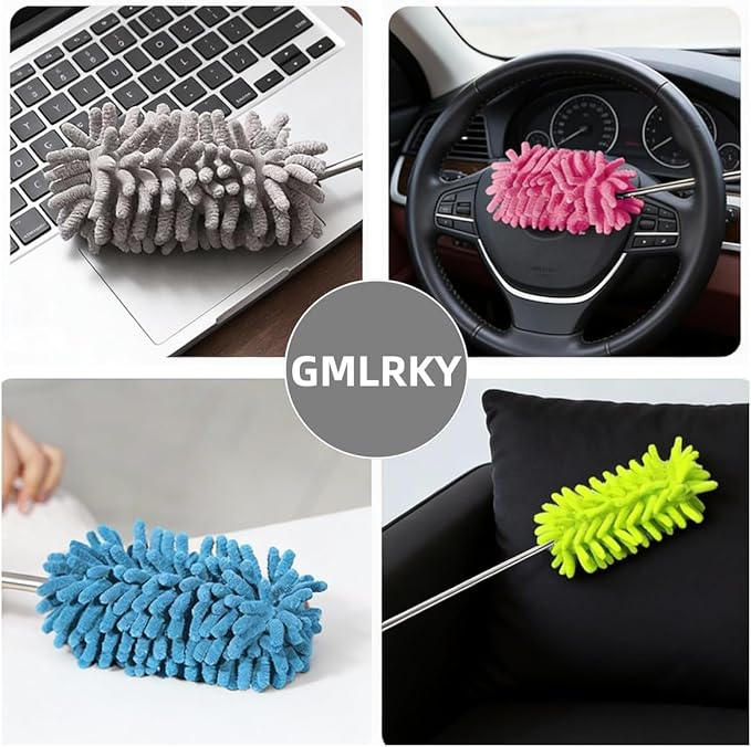 Microfiber Duster for Cleaning, GMLKRY Hand Washable Dusters with 3pcs Replaceable Microfiber Head, Extendable Pole, Detachable Cleaning Supplies for Office, Car, Window, Furniture (Blue)