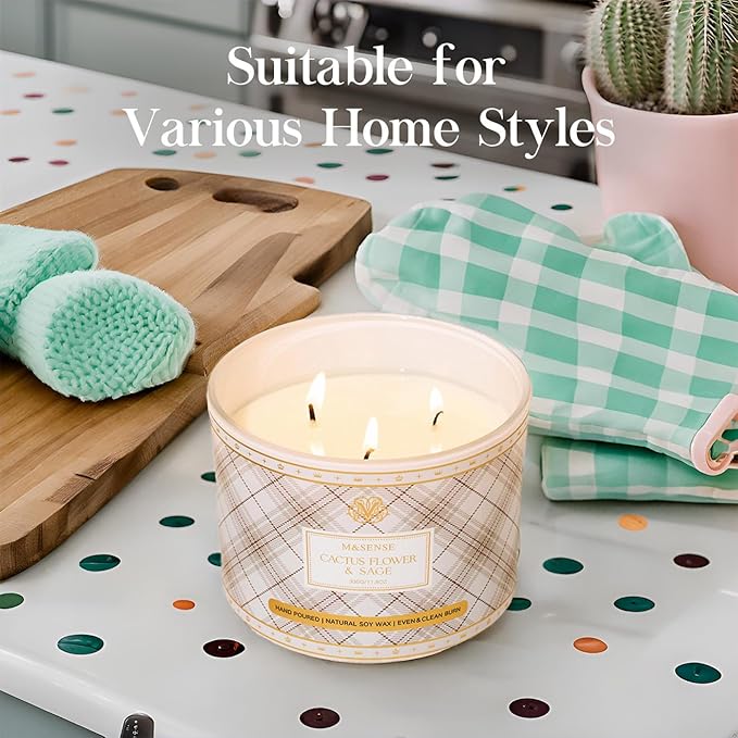 M&SENSE Plaid Pattern 3 Wick Soy Candles,11.64 oz Large Cactus Flower&Sage Scent Candle for Relaxation, Gifting, Home Décor | for Bedroom, Office, Party