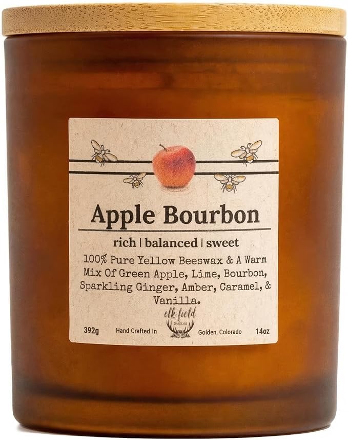 Apple Bourbon Organic Beeswax Candle | 2 Ingredients | 100% Pure Beeswax Candles, Non Toxic, Natural, Organic Candles, Beeswax Candles Scented, Non Toxic Candles, 80 Hour, 14oz