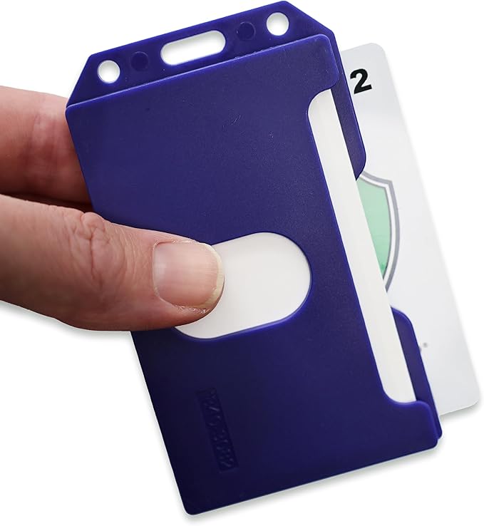 Bulk 50 Pack - Heavy Duty 2-Sided Rigid Multi Card Holder - Hard Plastic Vertical ID Badge Holders for 2 Standard or Thick Prox Cards, Fuel Card, CAC, Work Badge, Credit Cards by Specialist ID (Blue)