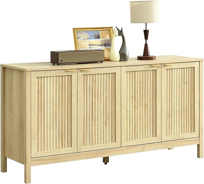 ELISA HOME Lagoon Large Buffet Sideboard Cabinet with Storages, 57.9" Modern Buffet Table Dining Room Cabinet Coffee Bar Storage with 4 Doors for Dining Room, Living Room, Hallway, Oak