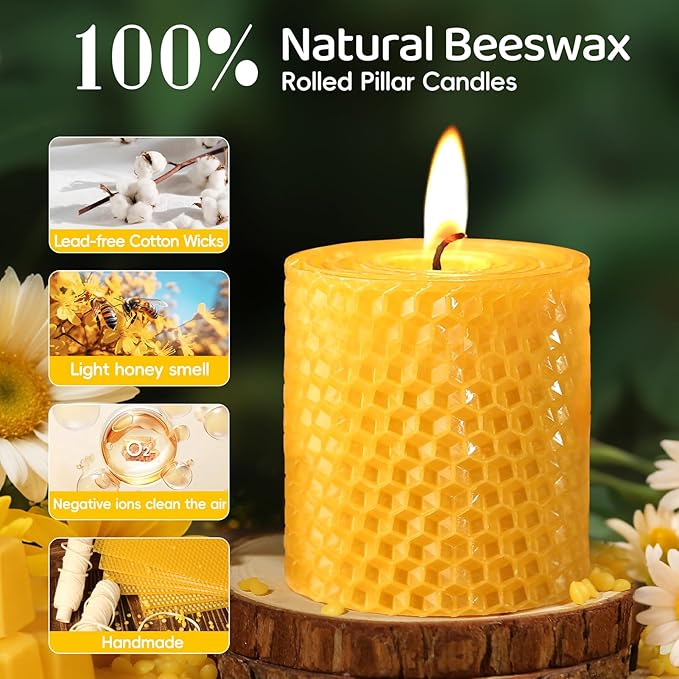 Hand-Rolled Beeswax Candles,2.8x3in-6PCS,All Natural Honeycomb Beeswax Pillar Candles,144 Hours Long Burning Bees Wax Candles for Home,Dripless Smokeless Unscented Honeycomb Pillar Candle