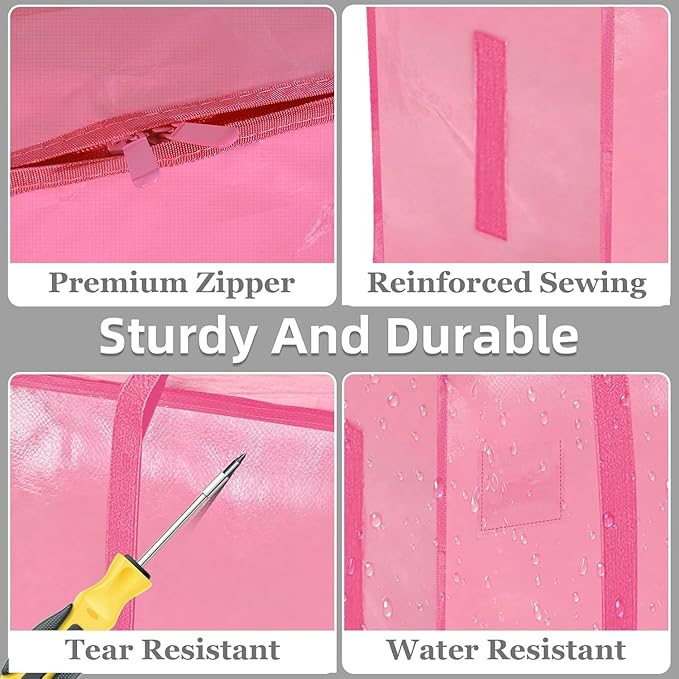 16 Pack-Extra Large Heavy Duty Moving Bags - Waterproof Storage Totes with Handles & Zippers, Foldable for College Dorm, Storage (Pink)