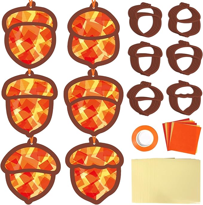 Qyeahkj 36 Set Fall Acorn Suncatchers Crafts for DIY Autumn Window Tissue Paper Craft Kit Hanging Decor for Thinkgiving Home Activity Art Project Birthday Party Favor Gift
