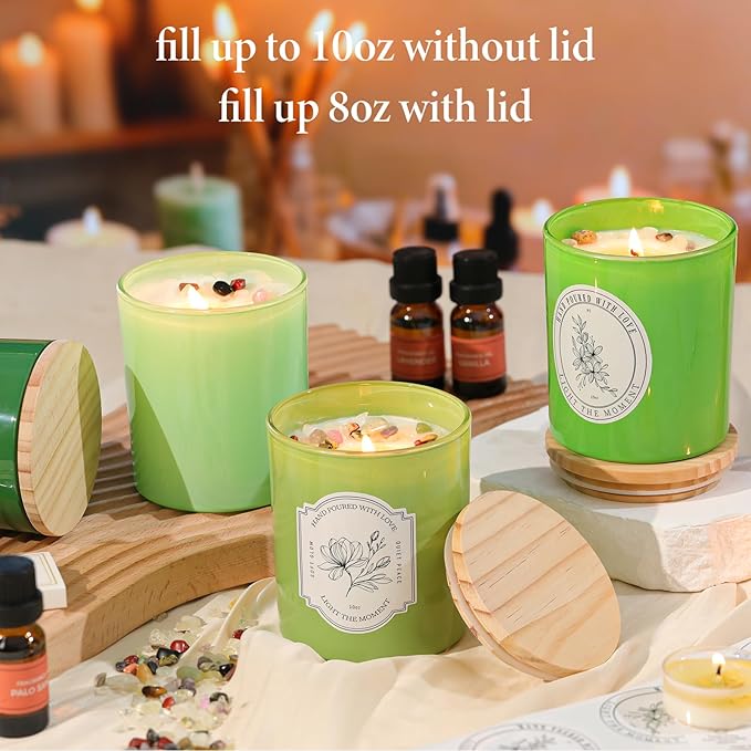 12Pcs Assorted Green Glass Candle Jars with Wooden Lids for Making Candles, 10 OZ Empty Candle Jars with Labels and 100g Crystal Rocks, Candle Making Supplies Candle Containers for Home DIY & GIFTS