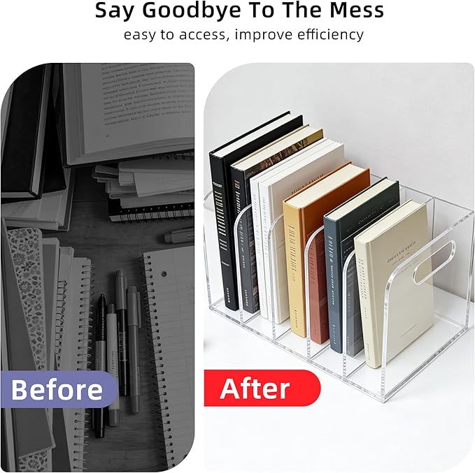 Acrylic Magazine File Holder, 5 Vertical Compartments Desk Document Sorter Organizer, Clear Folder Rack Binder for Office/Documents/Classroom, for Home, Tablet, Magazines, Books & Accessories