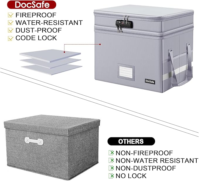 DocSafe File Box with Lock,Multi-Layer Fireproof Document Box Collapsible File Storage Organizer with Pocket,Large Portable Home Office Filing Cabinet Safe for Hanging Letter/Legal Size Folder,Silver