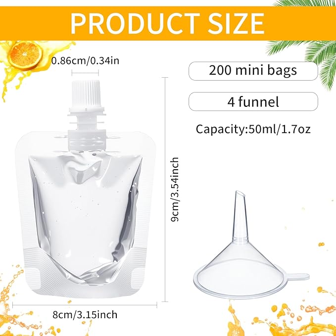 200 Pcs Plastic Pouches Bulk Clear Juice Bags Squeeze Pouches Plastic Leak Proof Bags with Funnel for Party Favors (1.7 oz)