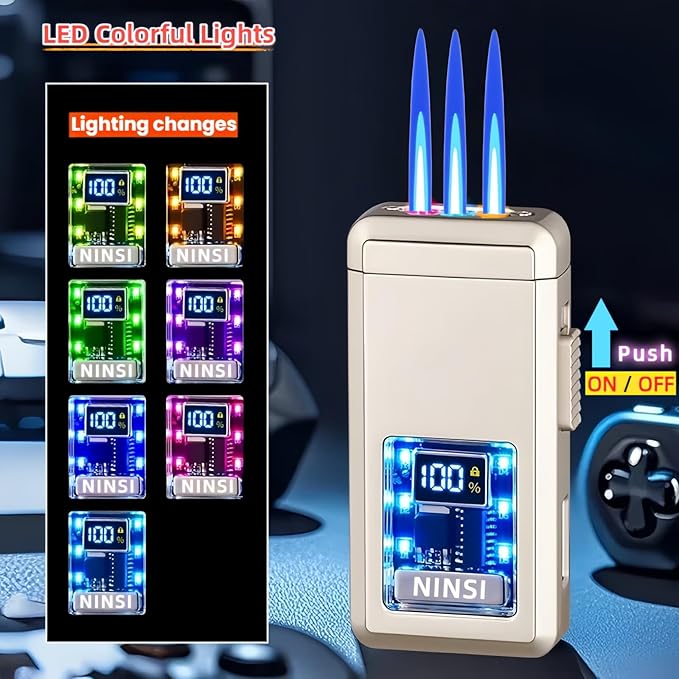 Smart Butane Torch Lighter - 4 Ignition Modes, Refillable and Rechargeable Lighters, Windproof Triple Flames with LED Battery Level and Ignition Count Display (Without Fuel) (Silver)
