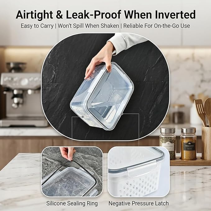 4 in 1 Food Storage Container, Berry Containers For Fridge & Veggie Tray With Lid For Fridge. Airtight Stackable Fruit Bowl With Removable Draining Colander, Premium Kitchen Camper RV Organization