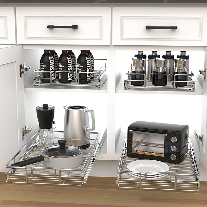 Pulloutor Pull Out Cabinet Organizer - 11" W x 21" D, Slide Out Kitchen Cabinet Storage Shelf and Drawer Organizer, For Home, Pantry, Bathroom, Chrome Finish