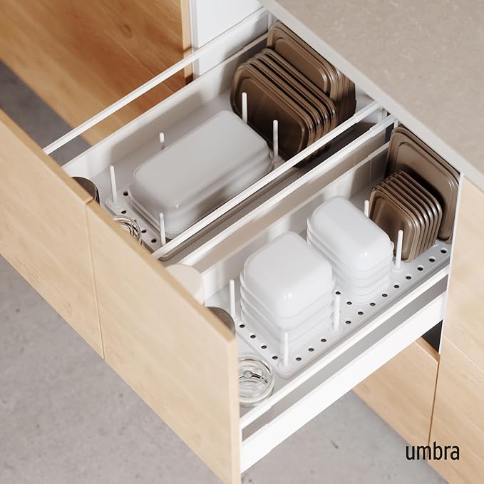 Peggy Kitchen Drawer Cupboard Organizer Tray - Adjustable Storage System For Food Containers, Cookware, Serveware, Utensils and More, White
