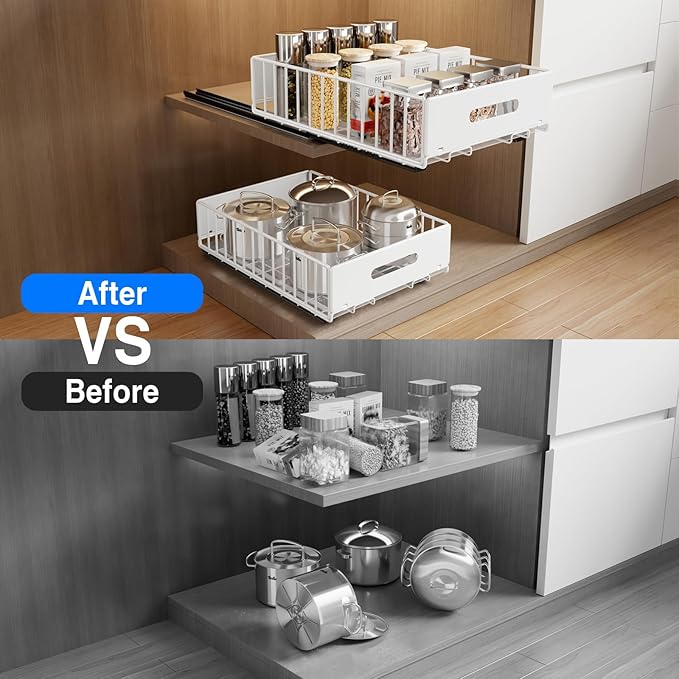 2 Pack Pull Out Cabinet Organizer, Slide Out Cabinet Drawers Peel and Stick Pull Out Drawers Heavy Duty Pull Out Shelf for Kitchen, Cupboard, Pantry, Bathroom (16.5" D*11.8" W*3.94" H-White)