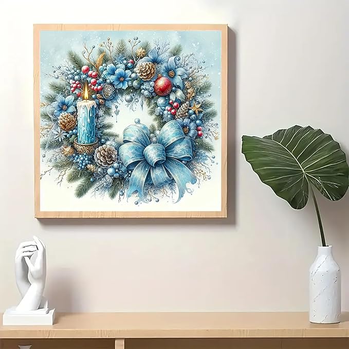 Christmas Candle Wreath Diamond Art Painting Kits for Adults, Winter Diamond Painting Kits for Adults Beginners, 5D DIY Full Drill Diamond Dot Gem Art Kits for Adult, Home Wall Decor 13.8x13.8 Inch