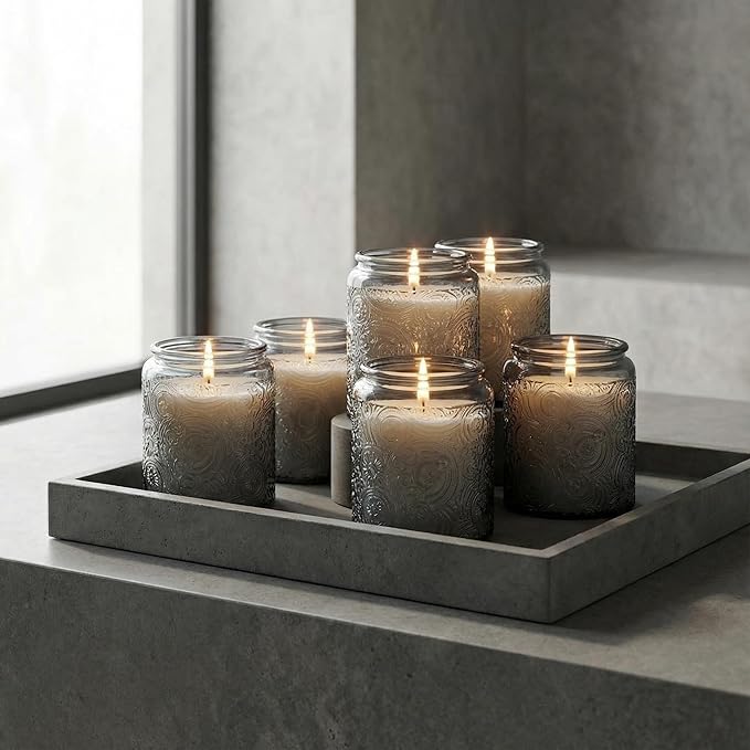 Art Secret 9-Pack 8oz Embossed Glass Candle Jars with Lids and Labels - Sun Moon Stars Design (Gray)