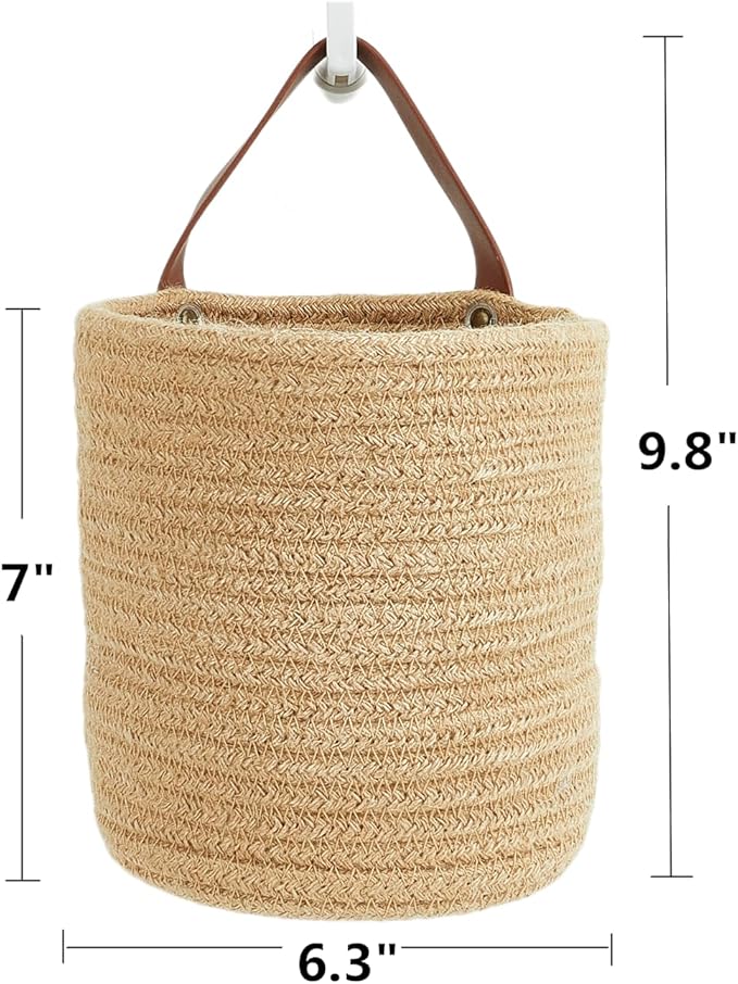 Wall Hanging Storage Baskets - Small Cotton Rope Woven Closet Storage Bins-Shelf Basket Organizer for Plants, Towels - 6.3" x 7" (Jute-Brown)