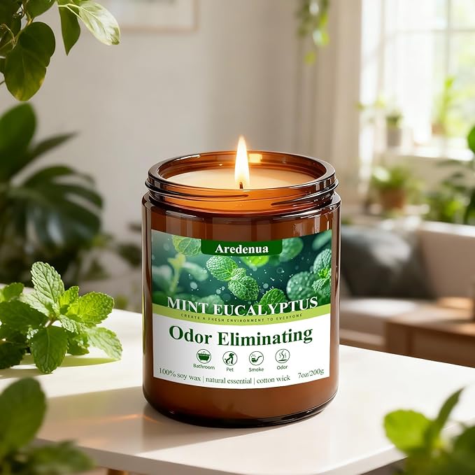 Mint Eucalyptus Odor Eliminating Candles | Eliminates 95% of Pet, Smoke & Bathroom Odors – 7 oz Hand Poured Non-Toxic Soy Candle - Air Freshing Scented Candles - Stress Relief Gifts for Women Men