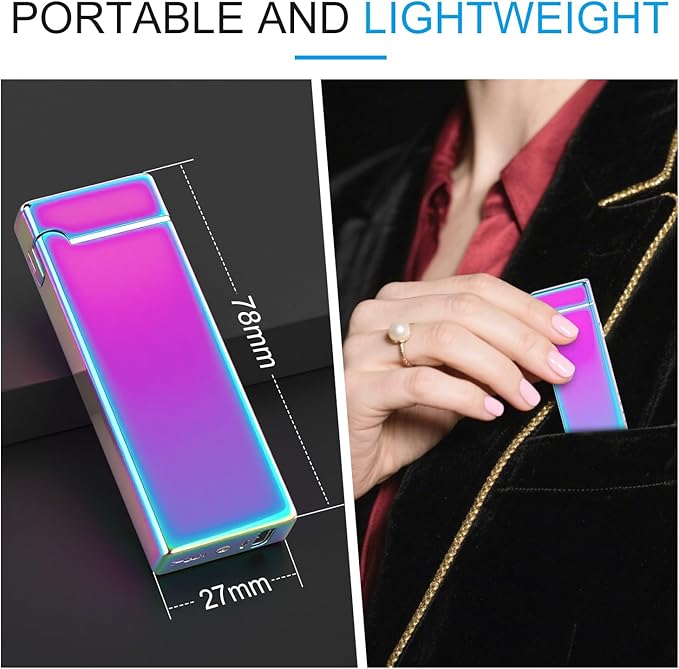 LcFun Electric Lighter USB Rechargeable Windproof Flameless Plasma Dual Arc Lighter, Cute Metal Pocket Lighters for Candle, Small Valentines Birthday Gifts for Women Friends Wife (Multichrome)