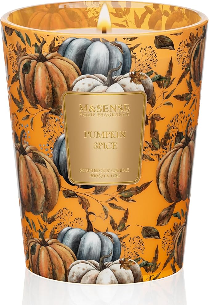 M&SENSE Pumpkin Spice Soy Candle, 14.1oz 60H Slow Burning, Aromatherapy Candle for Living Room Cozy Winter Holiday Housewarming Gifts