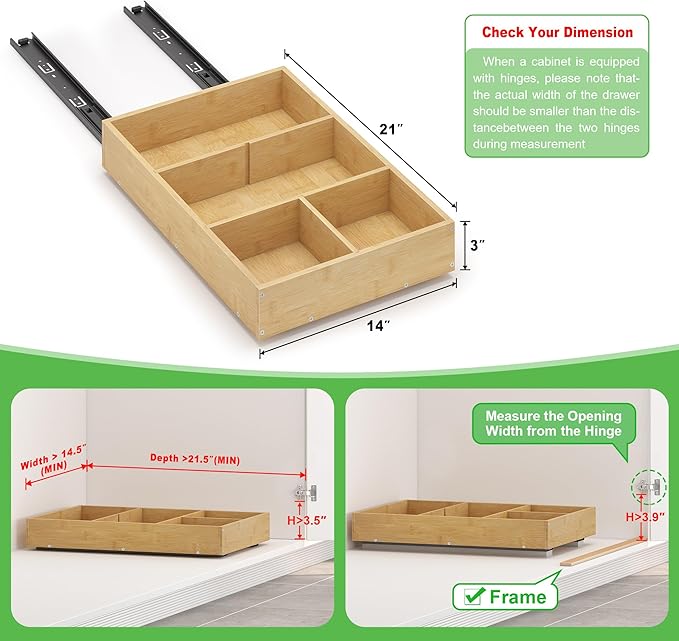 Bamboo Pull Out Cabinet Organizer, 14" W x 21" D No Drill Adhesive Slide Out Drawers, Pull Out Shelves for Kitchen Pantry Bathroom Storage