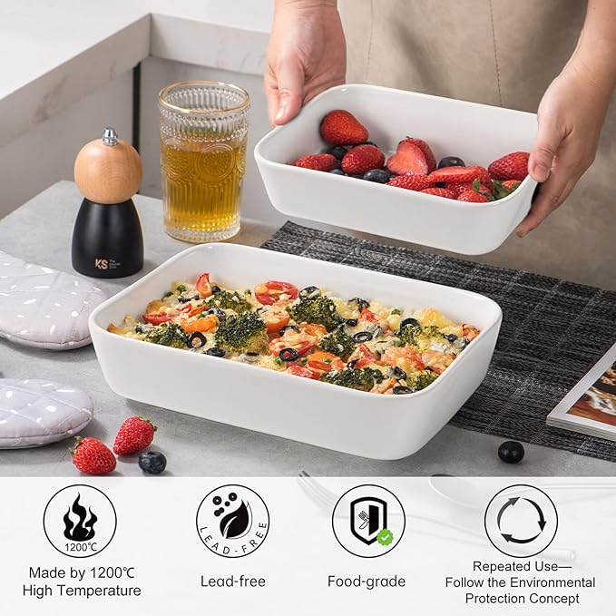 UNICASA Ceramic Oven Dishes, Set of 3 Lasagne Dishes 1000/2000/3500 ML, Rectangular Casserole Dishes, Non-Stick Reactive Glaze, White Casserole Oven