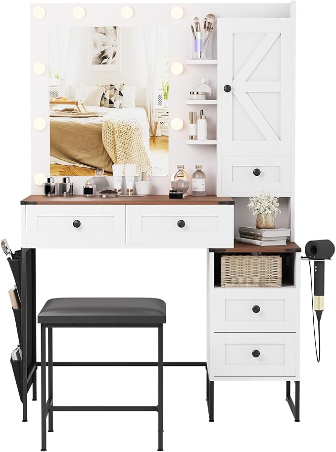 YIKEHOME Makeup Vanity Desk with Mirror and 10 Lights, 3-Colour Hollywood Brighter Bulbs, Vanity Table Set with Large Drawers and and Charging Station for Bedroom Dressing Room White