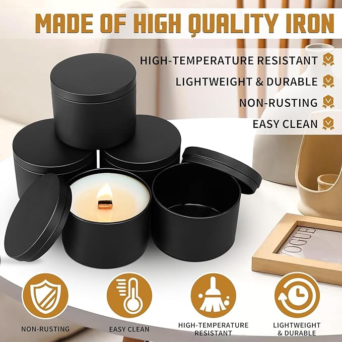 12-Pack Candle Jars, 4oz Candle Tins with Lids, Empty Metal Candle Jars for Making Candles Bulk Candle Containers - Full Black